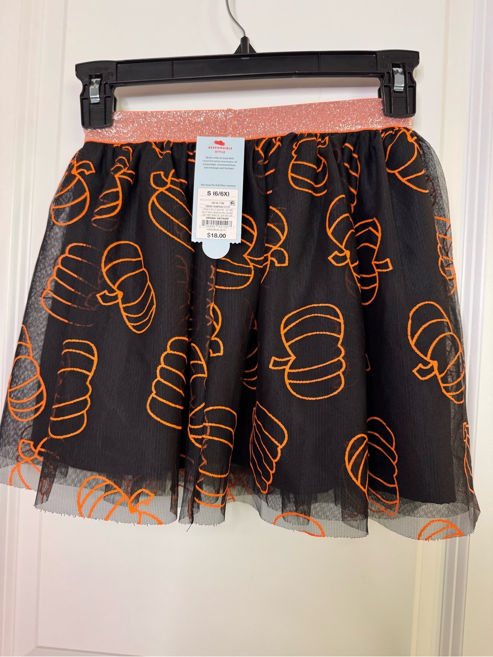 Girls Black Tulle Skirt with Orange Pumpkin Print